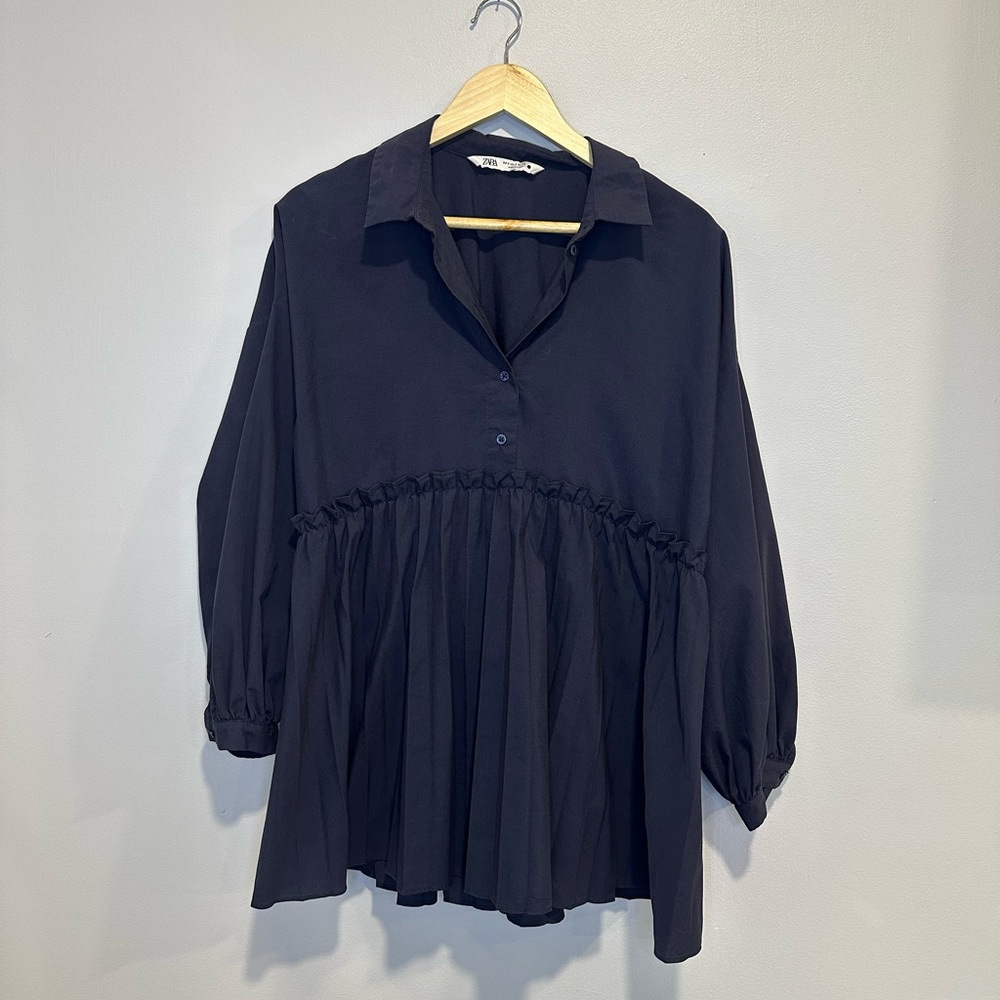 Zara Blue Relaxed Puff Sleeve Blouse